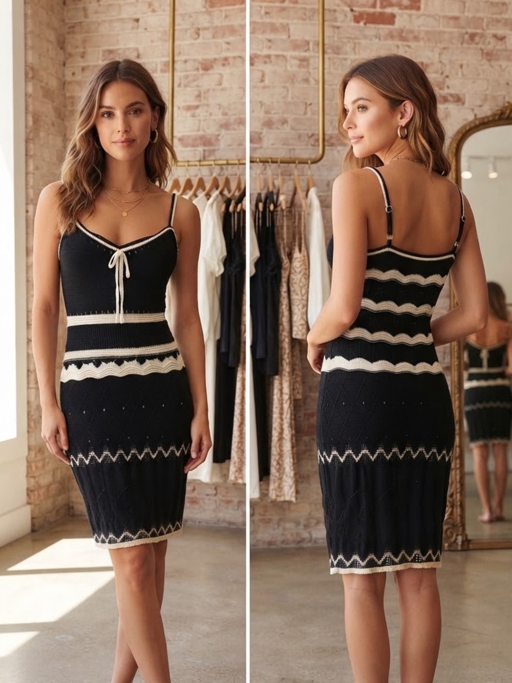 Sleeveless Black & Cream Knit Midi Dress with Scallop Detail